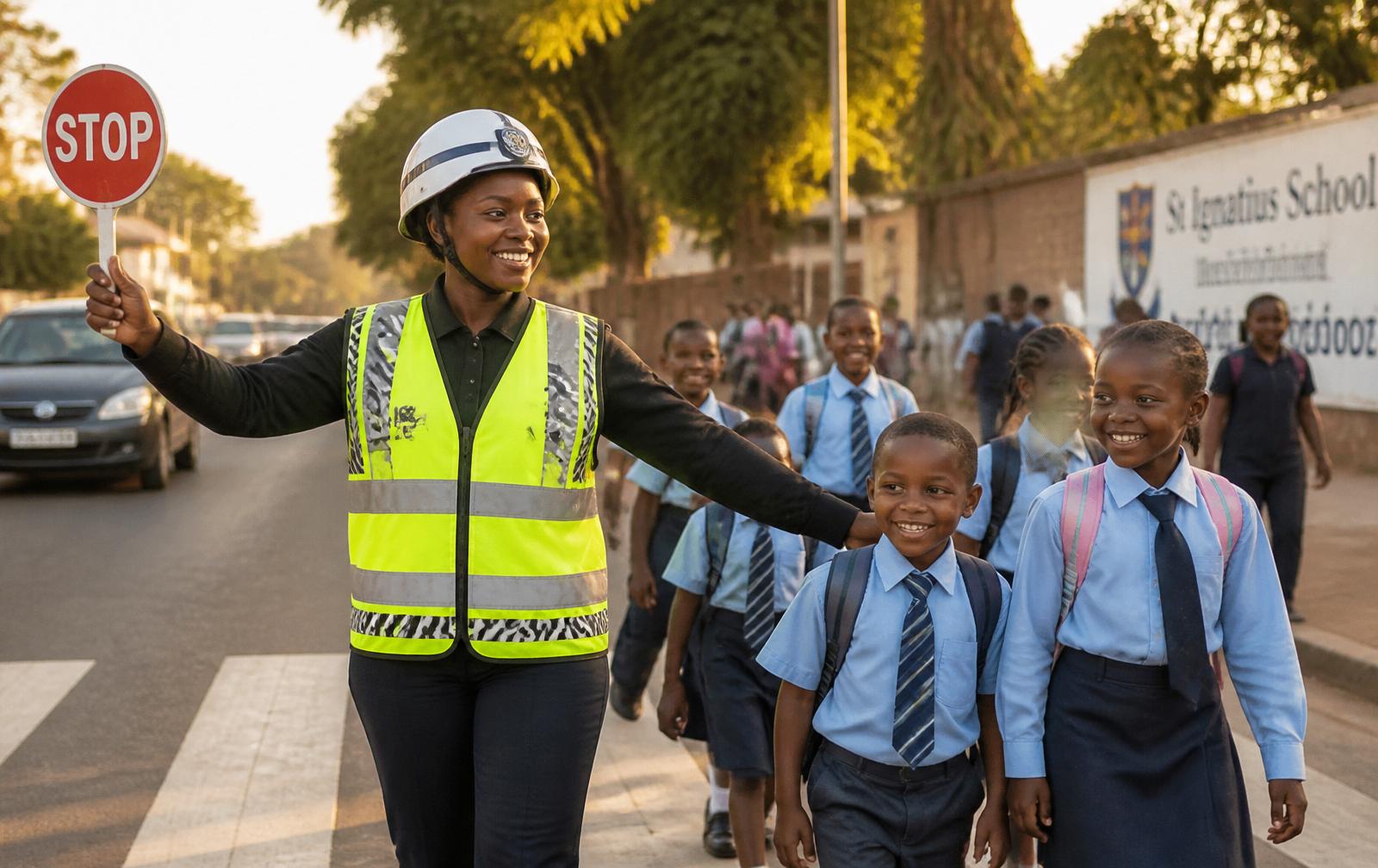 Female ZEBRA warden managing a busy junction in Lusaka, Zambia