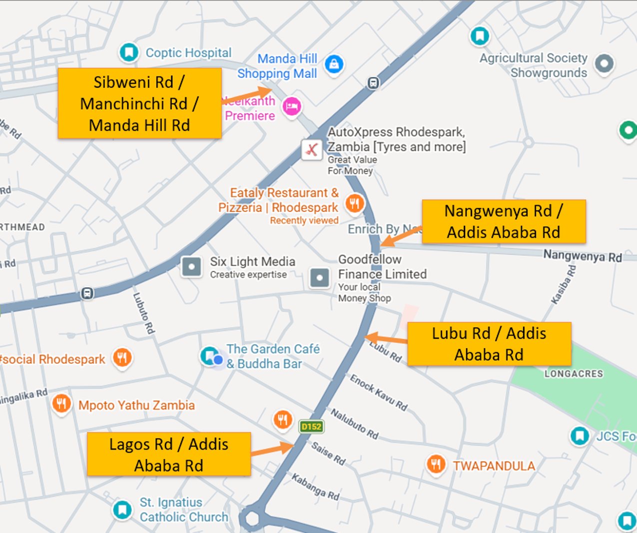 Map of the ZEBRA Safe Cities pilot area along Addis Ababa Drive, Lusaka
